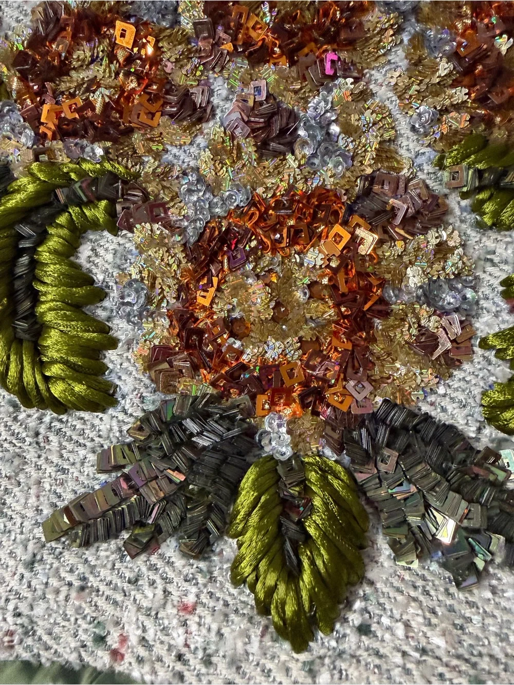 Vtg handmade Embellished Floral pillow cover in Ivory with Green Accents tweed